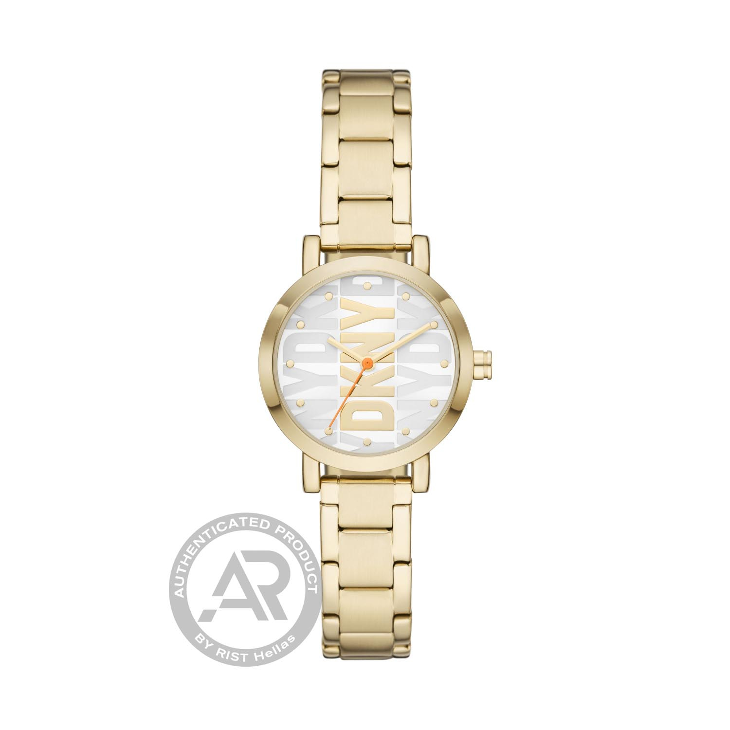 Γυναικείο ρολόι DKNY SOHO από χρυσό ανοξείδωτο ατσάλι με ασημί καντράν και μπρασελέ.