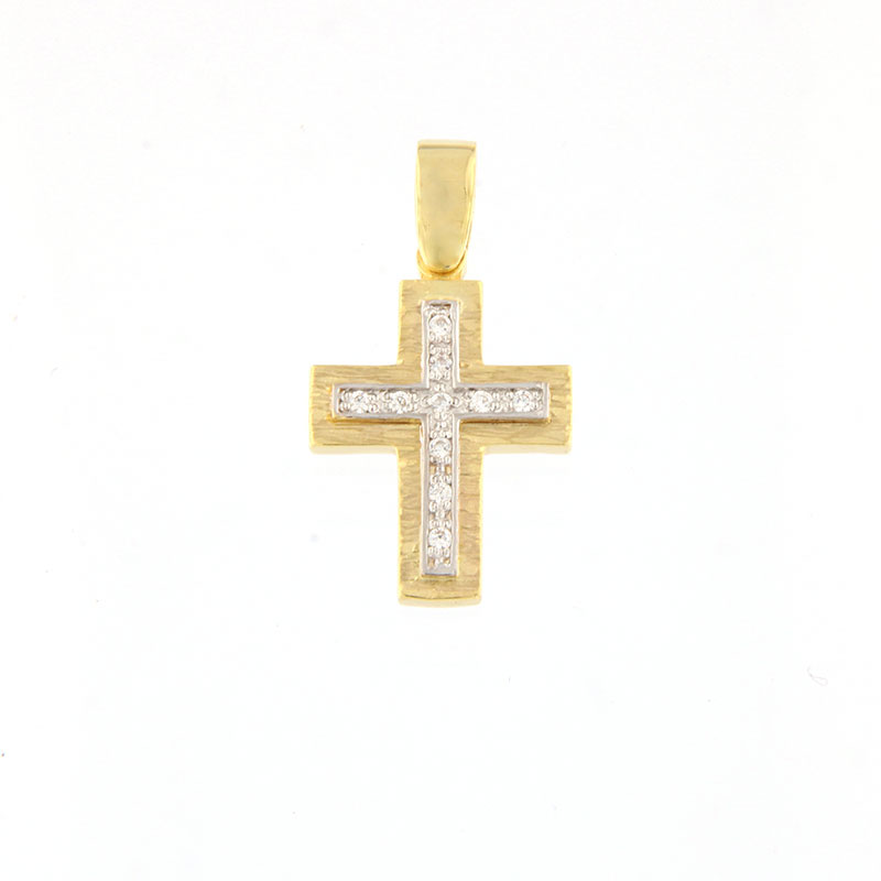 Womens handmade bicolour small Cross K14 with special diamond treatment decorated with white zircons.
