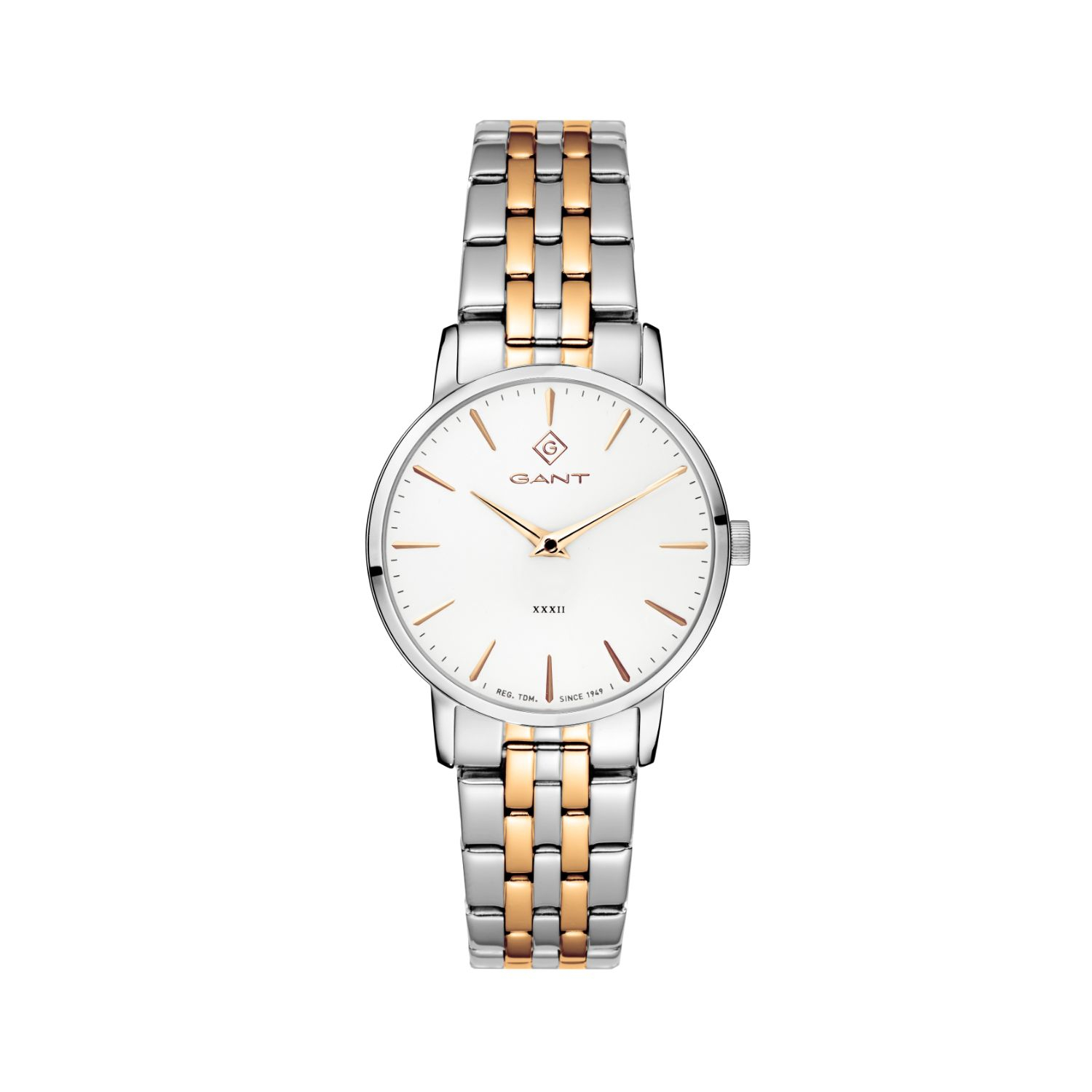 Γυναικείο ρολόι Gant από ανοξείδωτο ατσάλι με λευκό καντράν και δίχρωμο μπρασελέ.