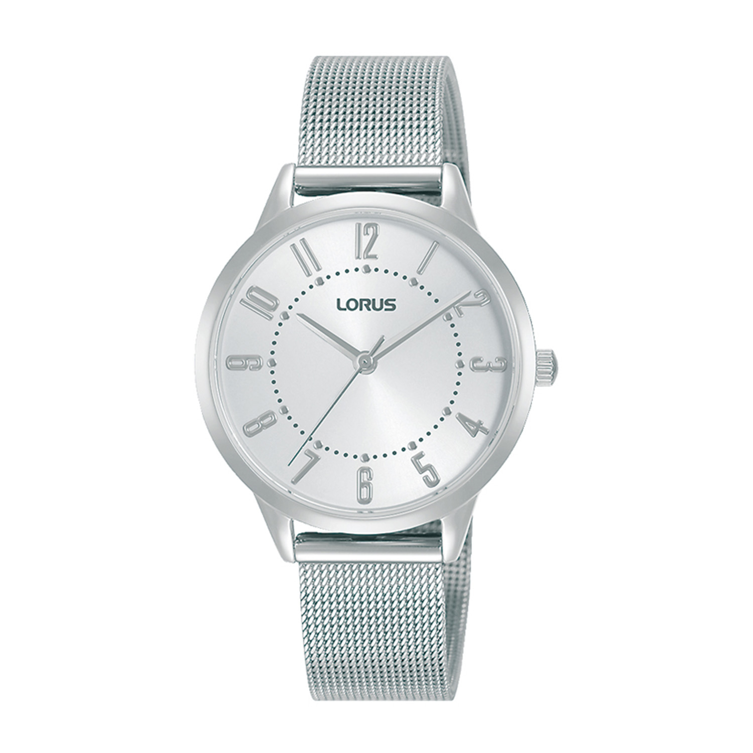 Womens watch LORUS made of silver stainless steel with white dial and bracelet.