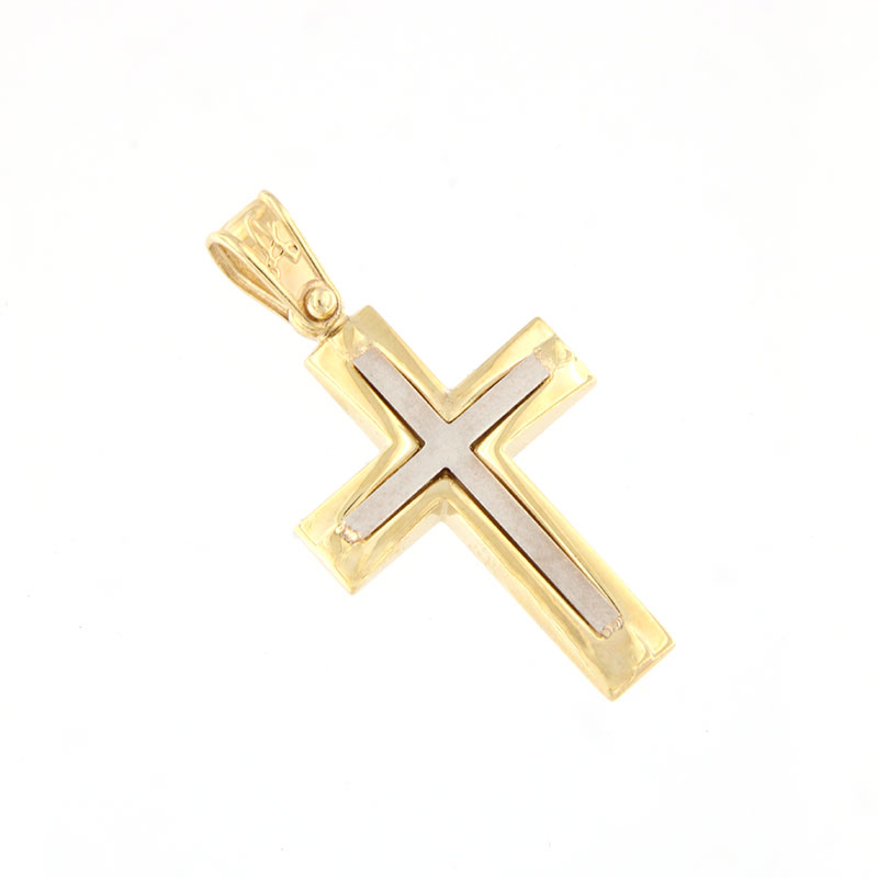 Mens 14K Bicolour Cross with patent and matte surfaces by ANORADO Laboratory.