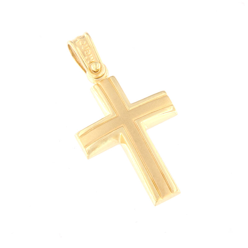 14K Mens Gold Cross with polished and matte surfaces.
