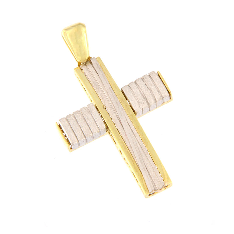 Mens 14K Bicolour Cross with patent and diamond plated surfaces.