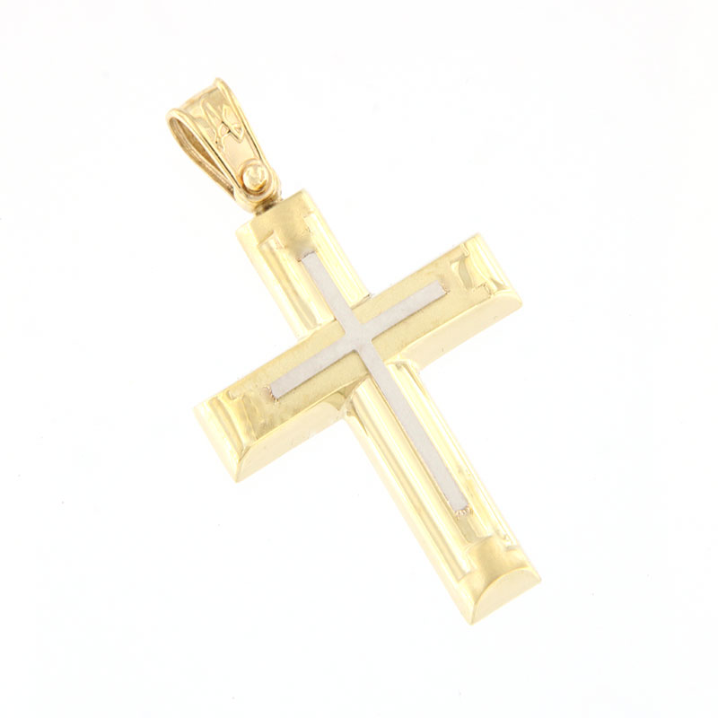 Mens 14K Bicolour Cross with patent and matte surfaces by ANORADO Laboratory.