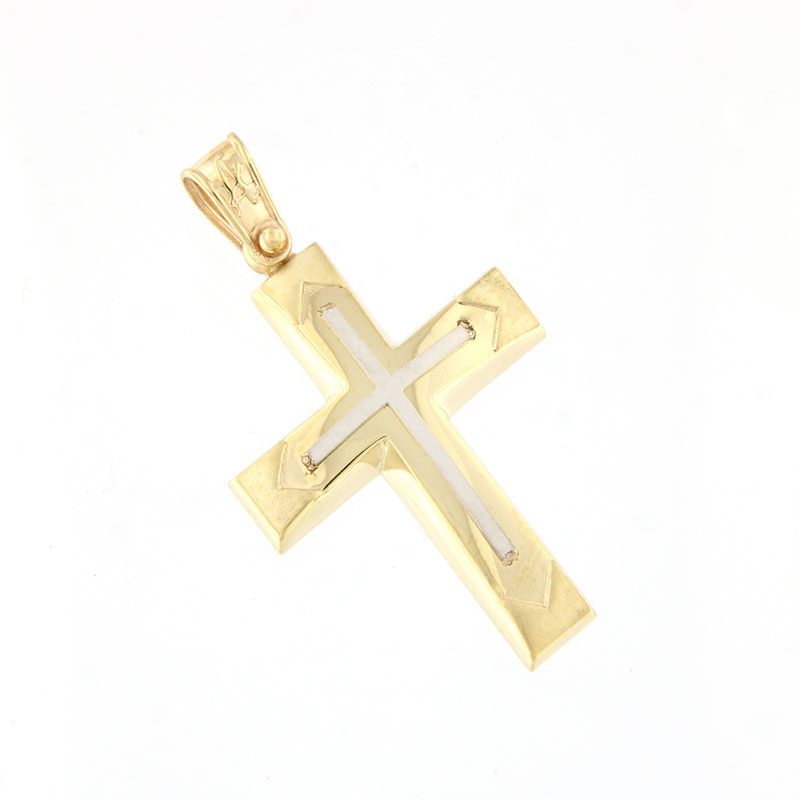 Mens 14K Bicolour Cross with patent and matte surfaces by ANORADO Laboratory.