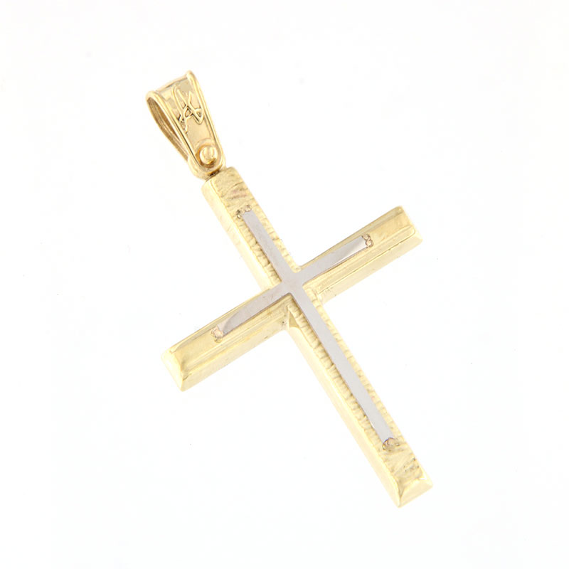 Mens 14K Bicolour Cross with patent and matte surfaces by ANORADO Laboratory.