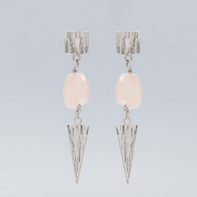 Handmade, silver 925°, earrings from the lines series with natural pink quartz.