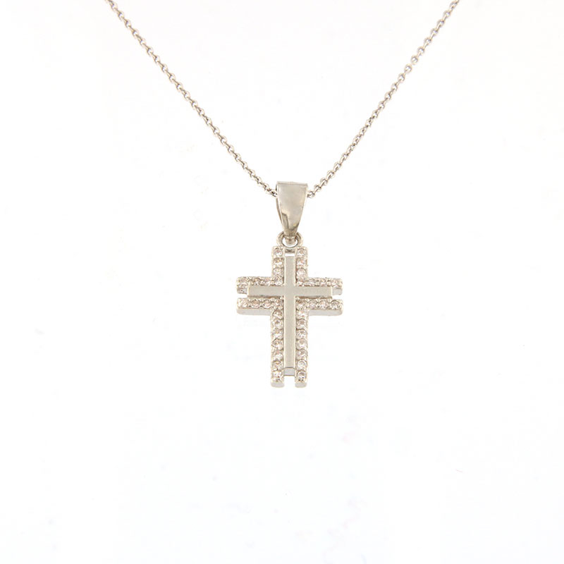 Γυναικείος ασημένιος σταυρός με αλυσίδα 925 διακοσμημένος με λευκά ζιργκόν.