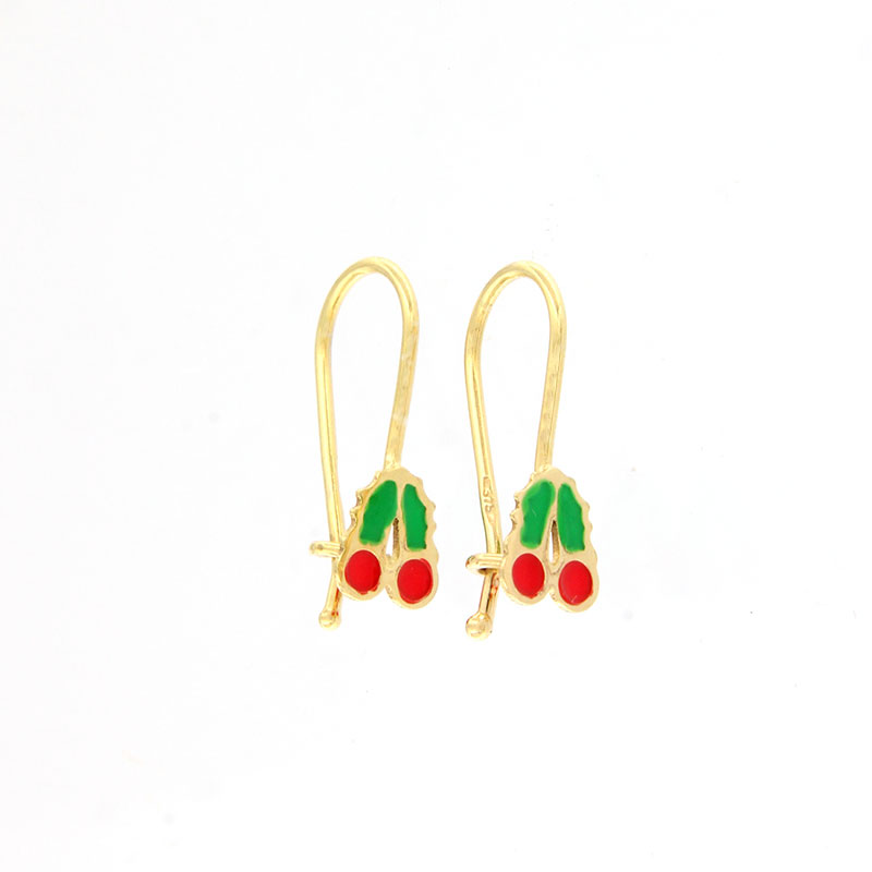 9K Childrens gold earrings in cherry shape decorated with red and green enamel.