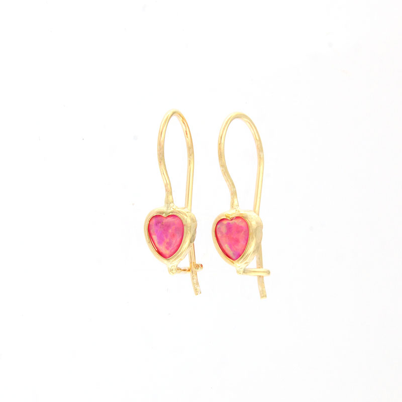 Παιδικά χρυσά σκουλαρίκια Κ9 σε σχήμα καρδιάς διακοσμημένα ροζ πέτρες.