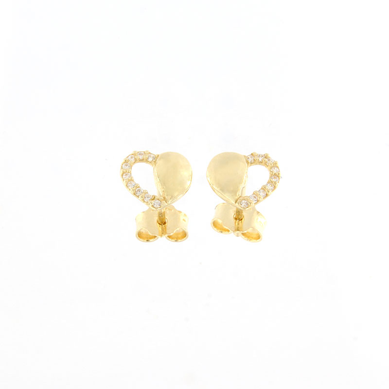 Παιδικά χρυσά σκουλαρίκια Κ14 σε σχήμα καρδιάς διακοσμημένα με λευκά ζιργκόν.