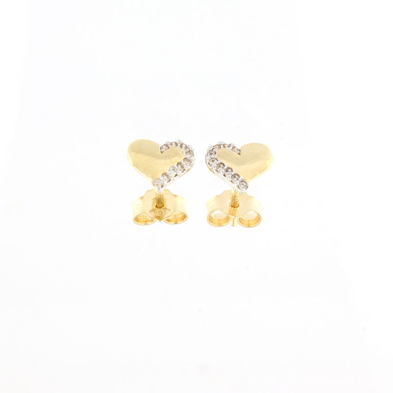 14K Childrens gold earrings in heart shape decorated with white zircons.