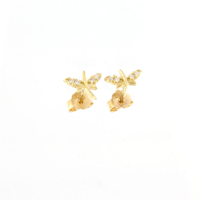 14K Childrens gold earrings in dragonfly shape decorated with white zircons.