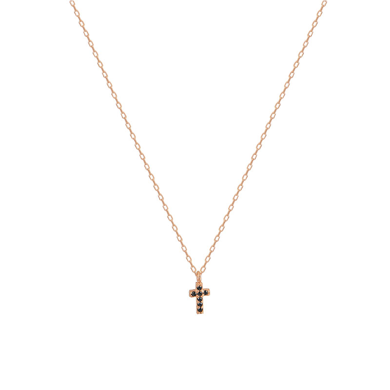 Womens silver gold plated pink cross with 925 chain decorated with black zircons.