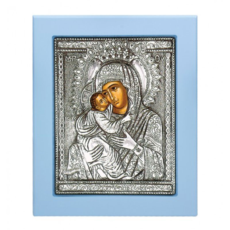 Glittering image of Virgin Mary clad with silver 925° and light blue wood 17x14.