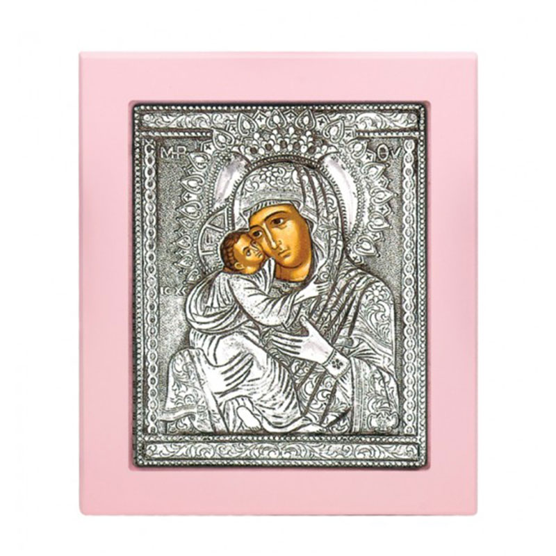 Glittering Virgin Mary Virgin of Byzantium coated with silver 925° and pink wood 17x14.