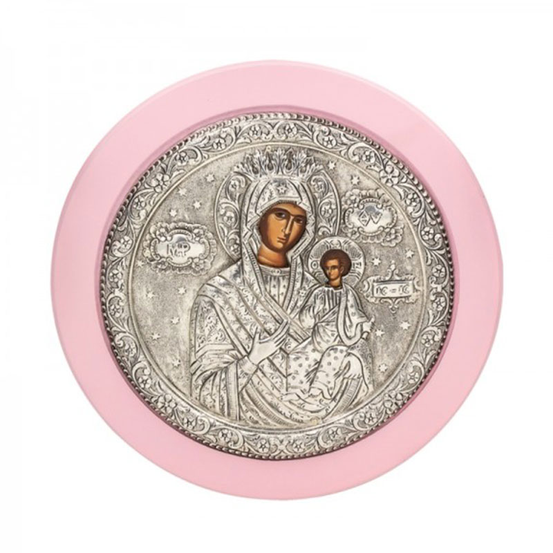 Icon Panagia Amolydos covered with silver 925° and pink wood 15x15cm.