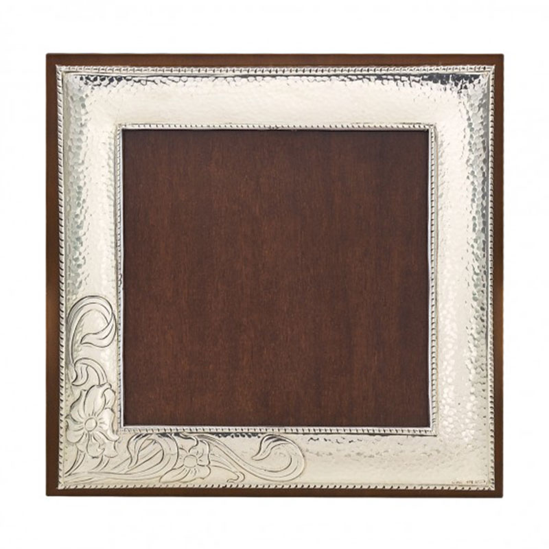 Forged frame with carved flowers made of silver 925° and brown wood 17X17.