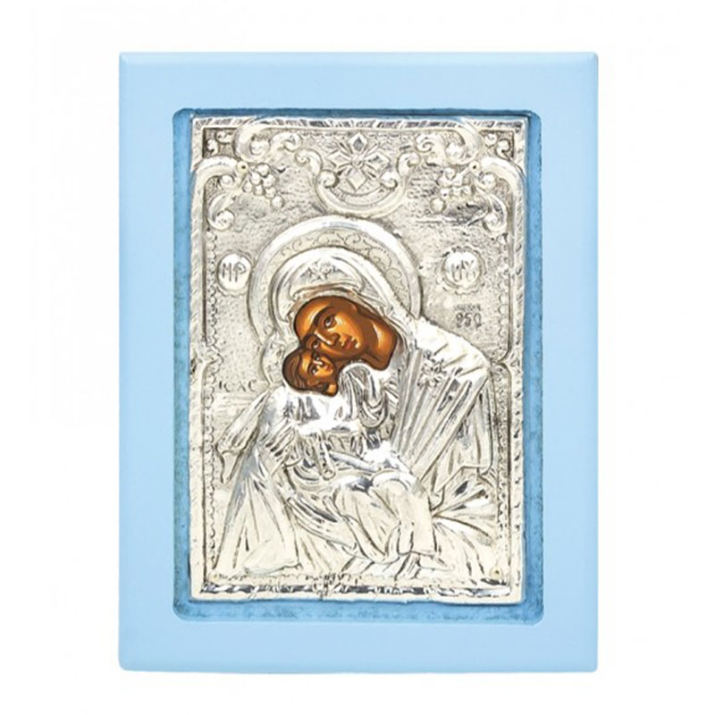 Glucophilous Virgin Mary icon with silver 950° and light blue wood 11X8.5cm.