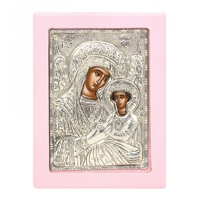Icon PANAGIA ANGELON with silver 950° and pink wood 11X8.5cm.
