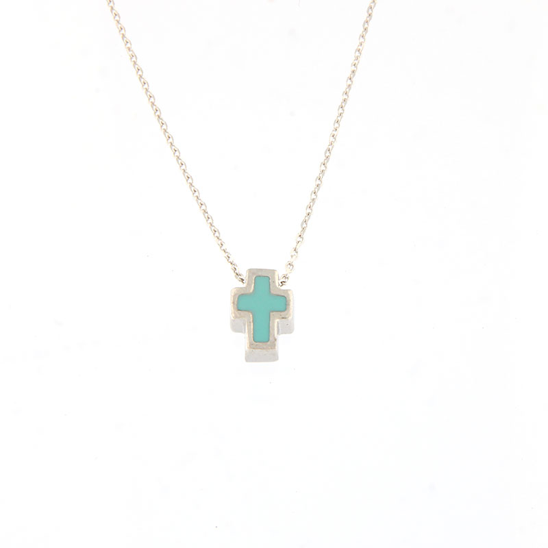Womens silver cross with chain 925° decorated with light blue enamel.