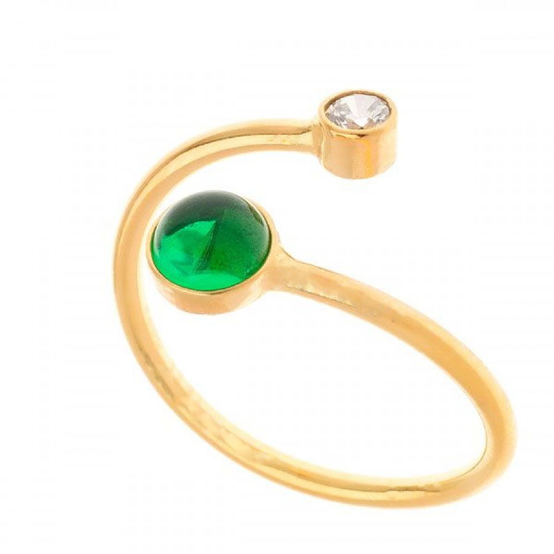Γυναικείο ασημένιο επίχρυσο δαχτυλίδι 925 με λευκό ζιργκόν και πράσινο κρύσταλλο.