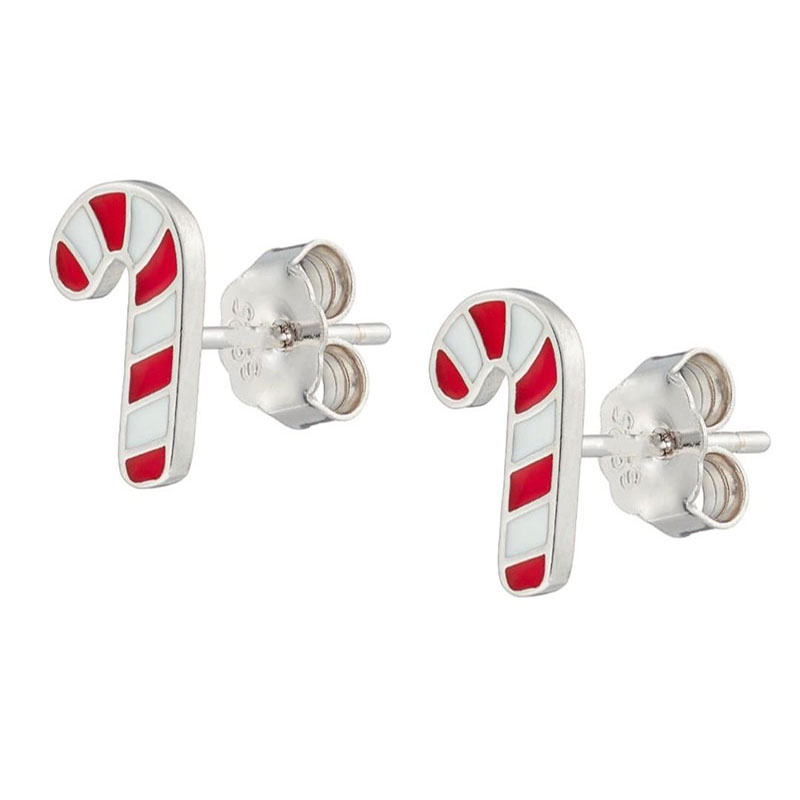 Παιδικά ασημένια σκουλαρίκια σε σχήμα χριστουγεννιάτικα ζαχαρωτά 925 διακοσμημένα με σμάλτο.