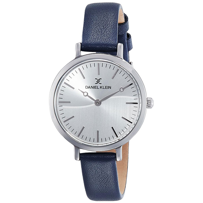 Womens DANIEL KLEIN wristwatch with silver dial and blue strap.