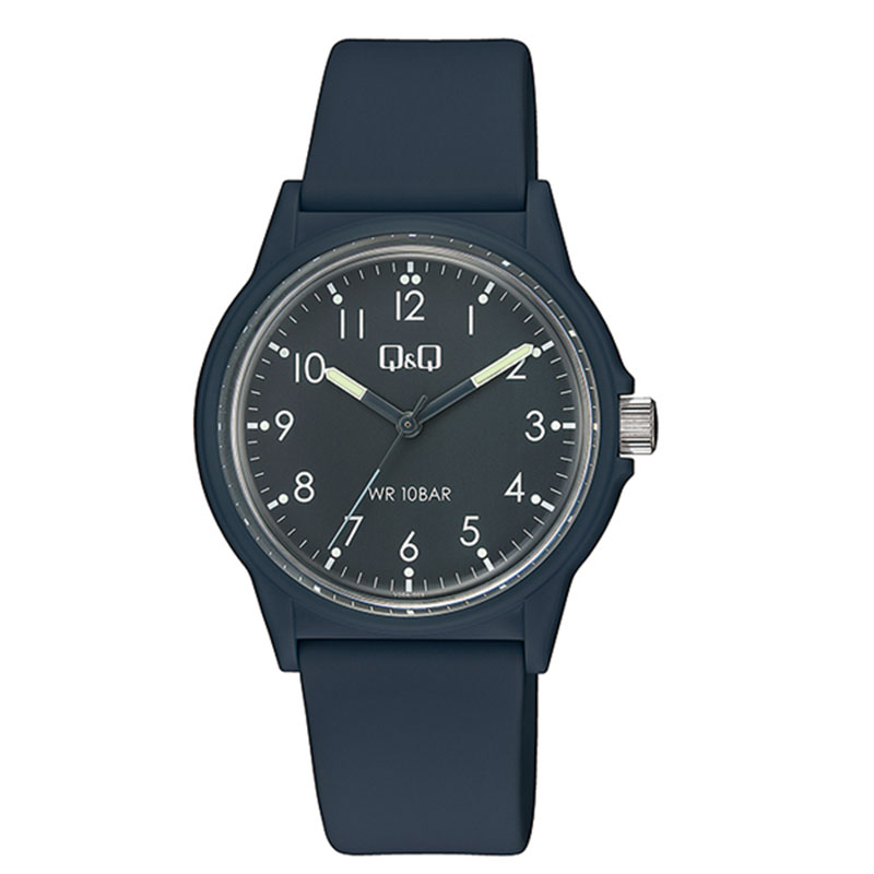 Q&Q wristwatch with black dial and black rubber strap.