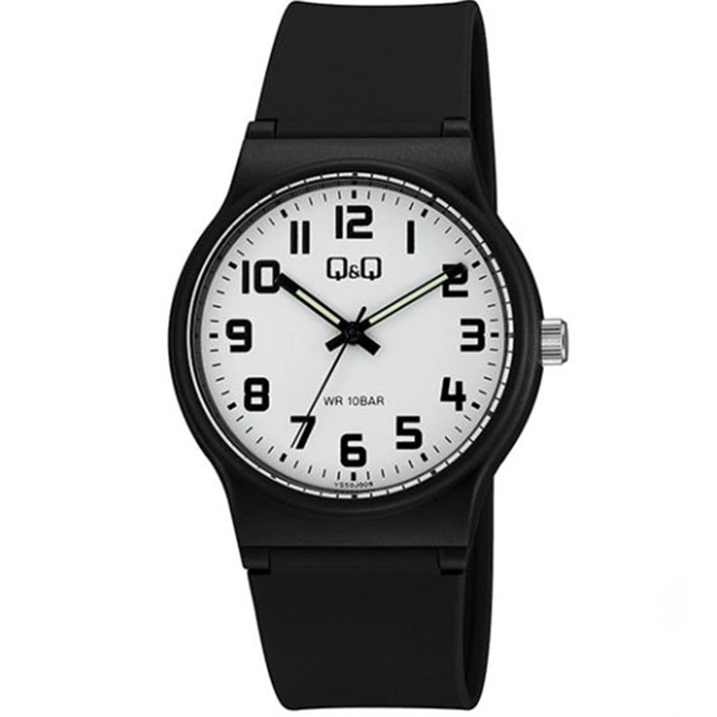 Q&Q wristwatch with white dial and black rubber strap.