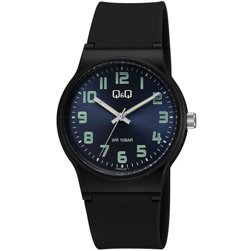 Q&Q wristwatch with blue dial and black rubber strap.