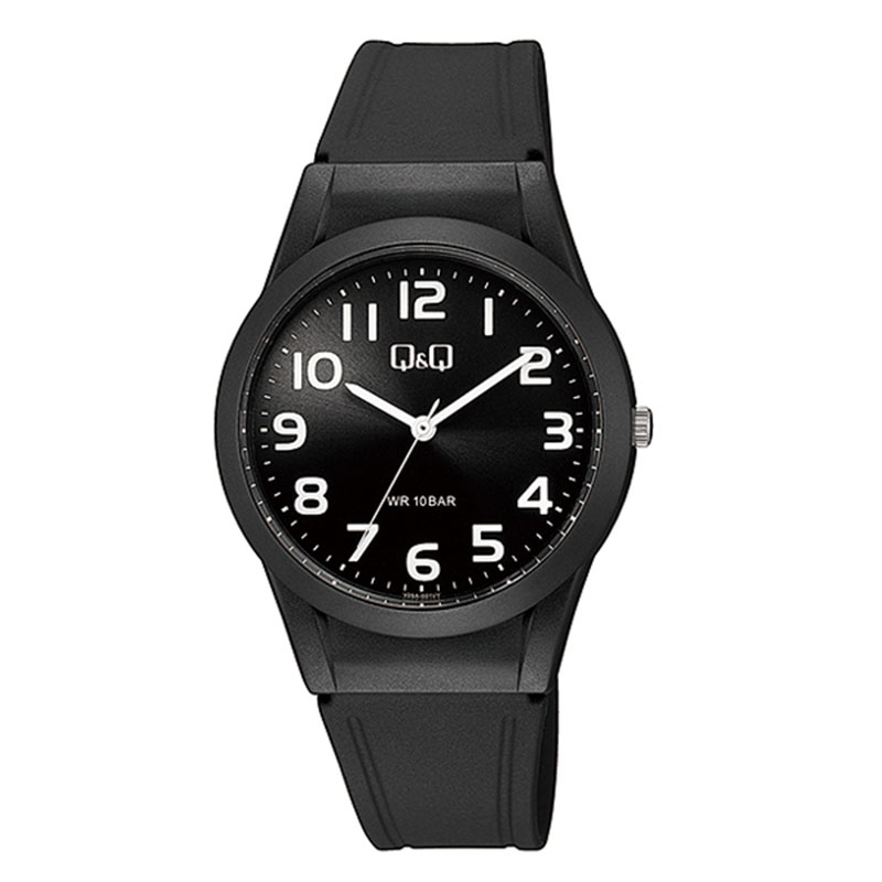 Q&Q wristwatch with black dial and black rubber strap.