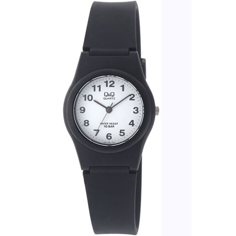 Womens Q&Q wristwatch with white dial and black rubber strap.