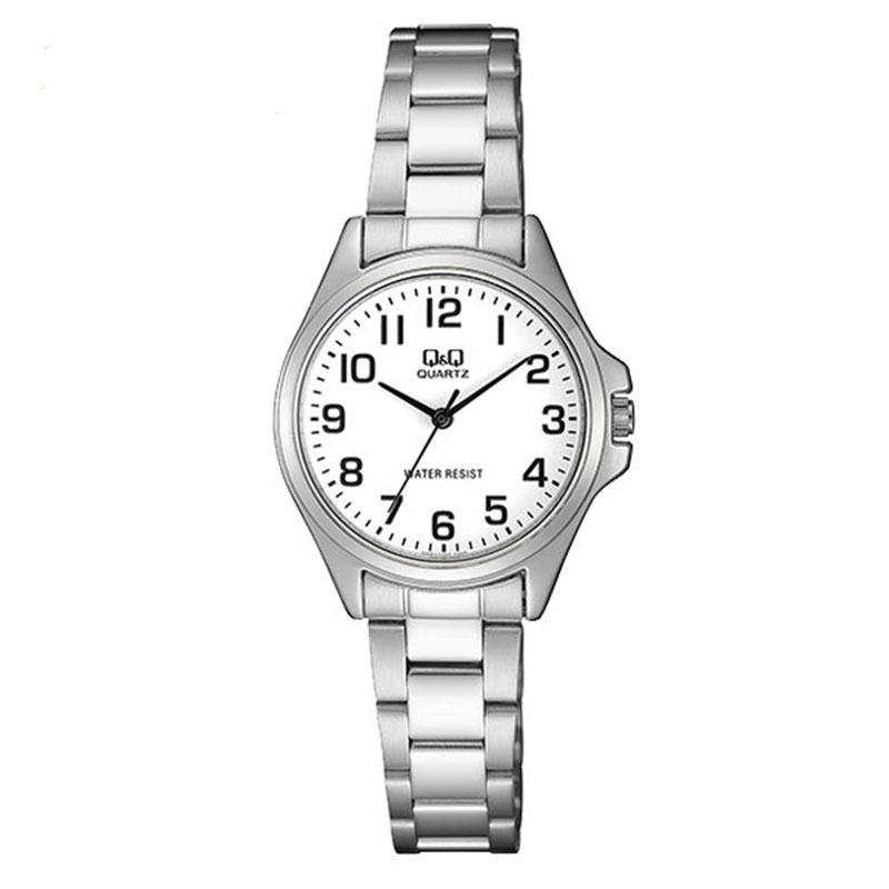 Womens Q&Q wristwatch in white dial with silver bracelet.