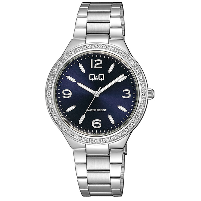 Womens Q&Q wristwatch with blue dial decorated with white zircons and silver bracelet.