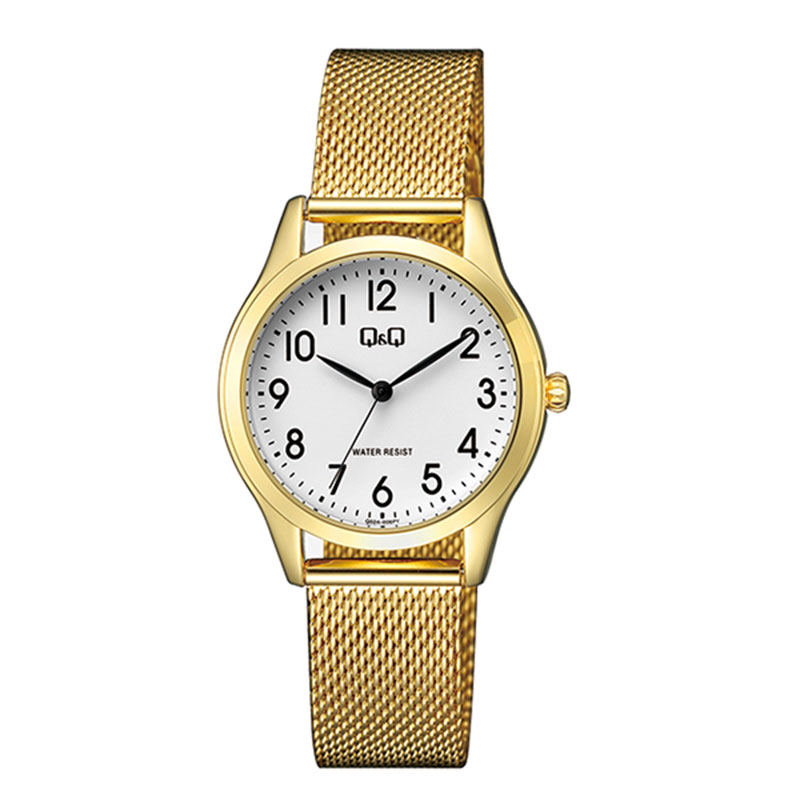 Γυναικείο ρολόι χειρός Q&Q σε λευκό καντράν με χρυσό μπρασελέ.