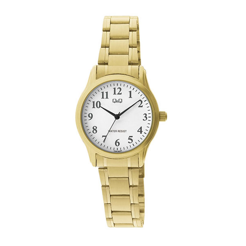 Γυναικείο ρολόι χειρός Q&Q σε λευκό καντράν με χρυσό μπρασελέ.
