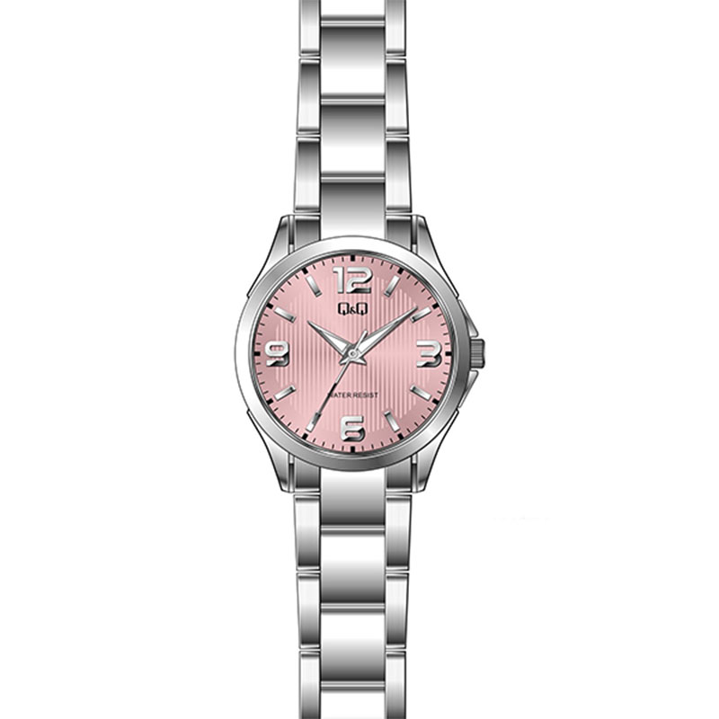 Γυναικείο ρολόι χειρός Q&Q με ροζ καντράν και ασημί μπρασελέ.