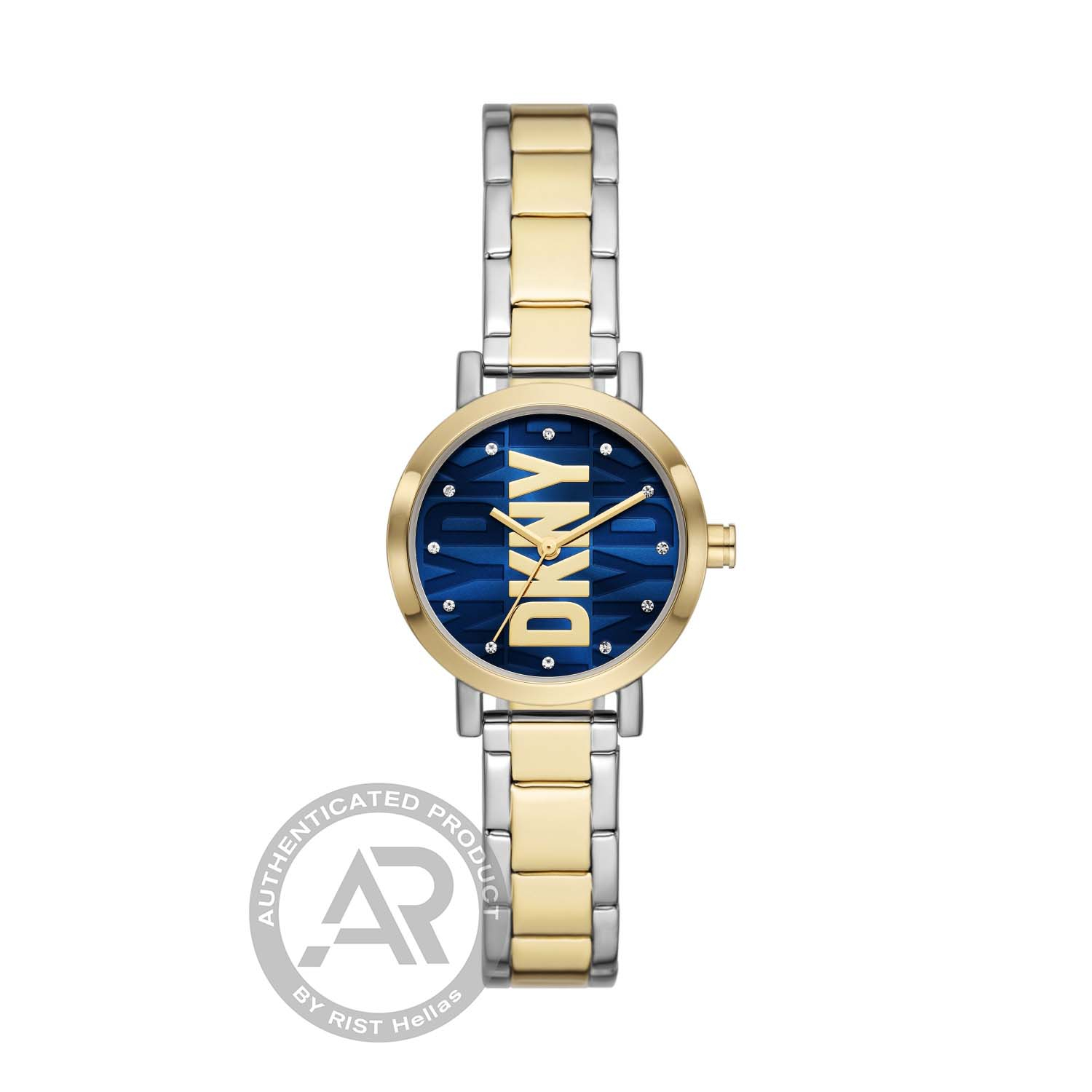 DKNY womens watch in two-tone stainless steel with blue dial and bracelet.