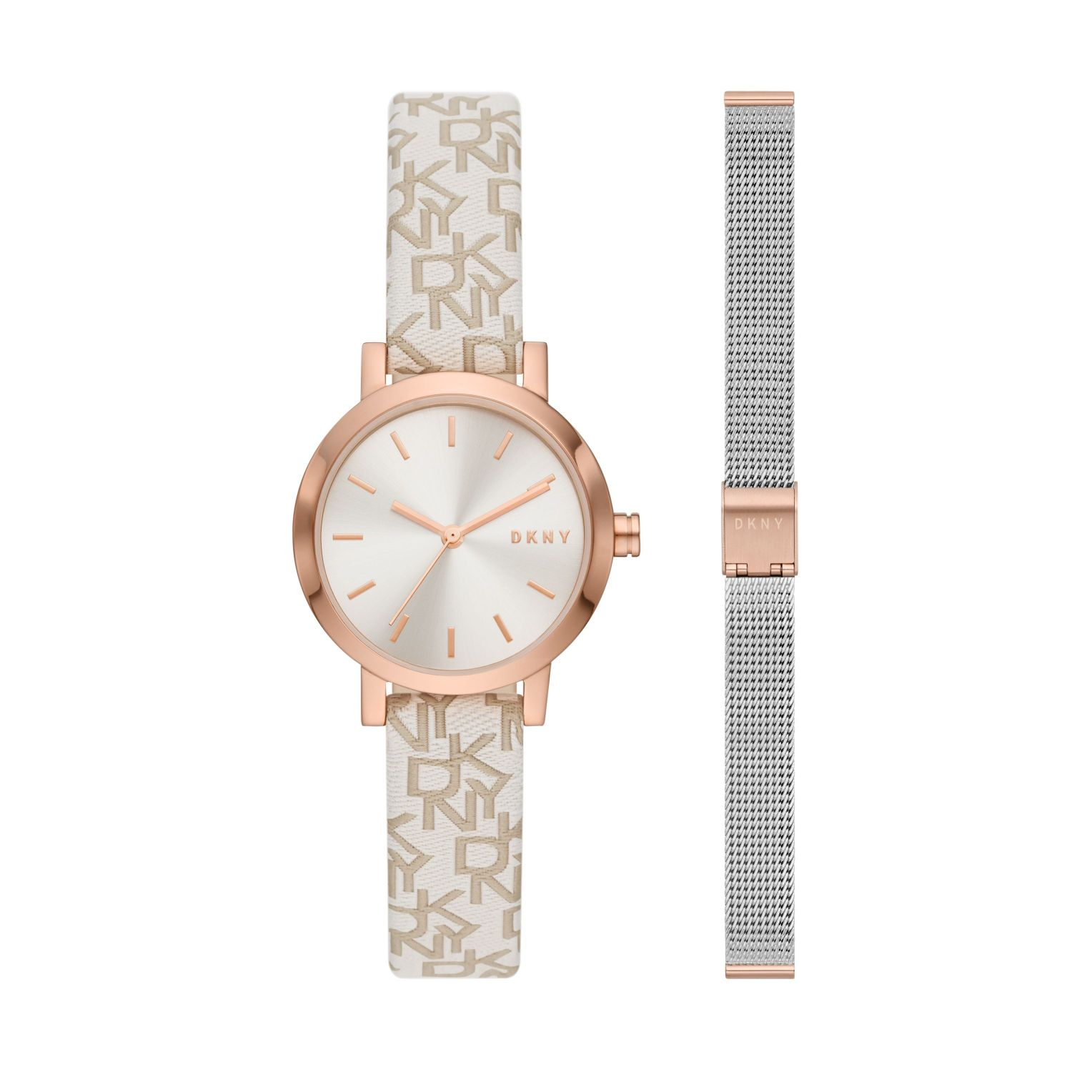 Womens DKNY watch in pink gold plated stainless steel with beige dial and leather strap. 