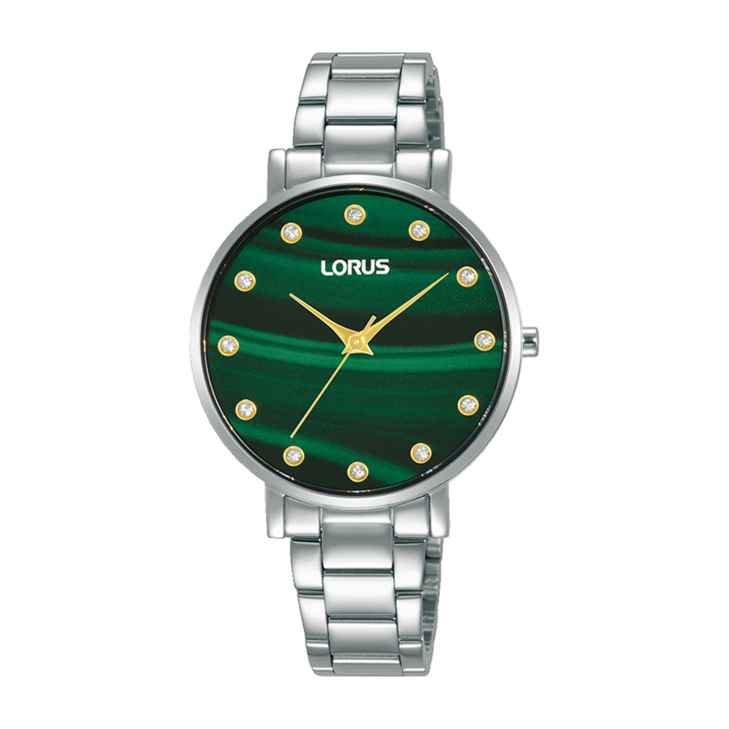 Γυναικείο ρολόι LORUS από ασημί ανοξείδωτο ατσάλι με πράσινο καντράν και μπρασελέ.