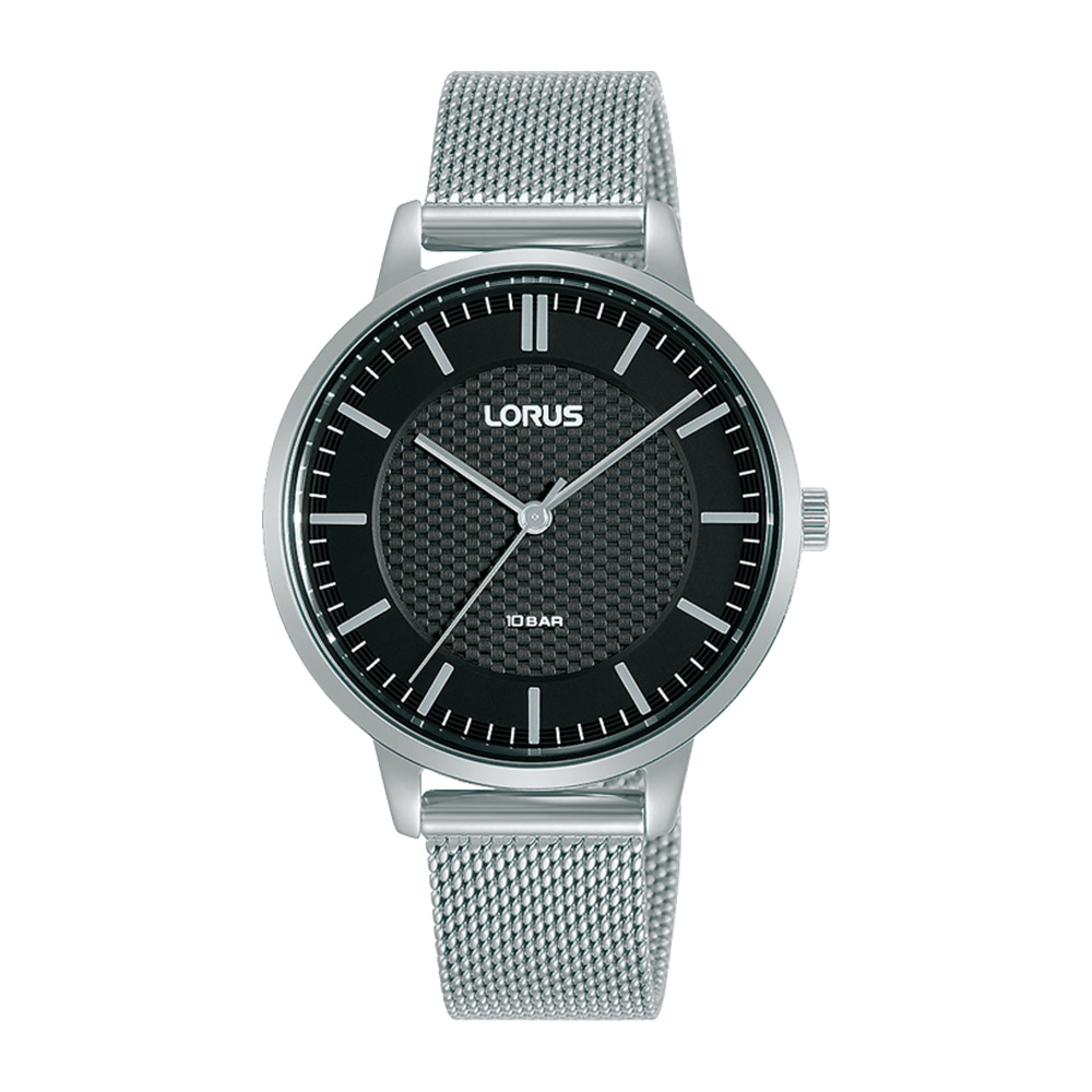 Womens watch LORUS made of silver stainless steel with black dial and bracelet.
