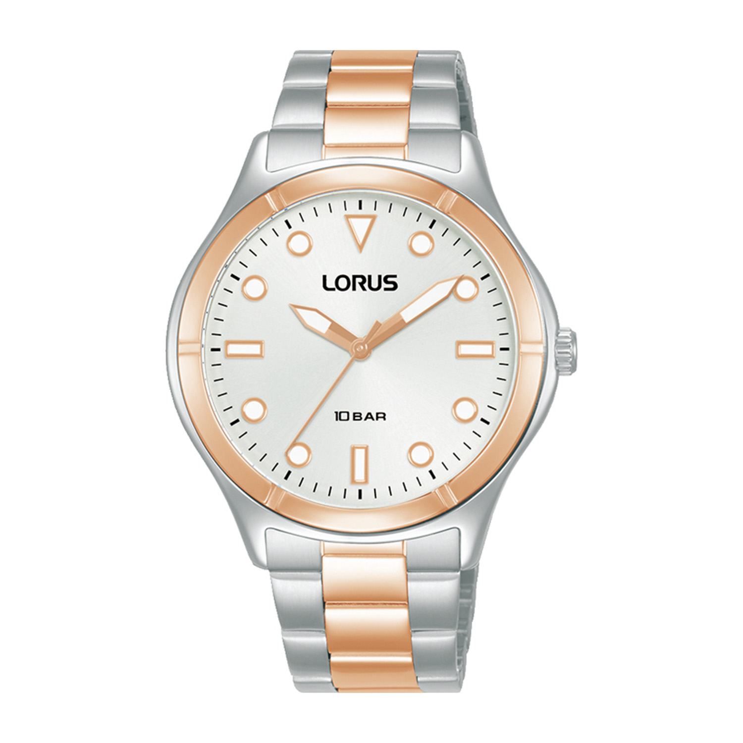 Womens watch LORUS made of silver and pink stainless steel with white dial and bracelet.