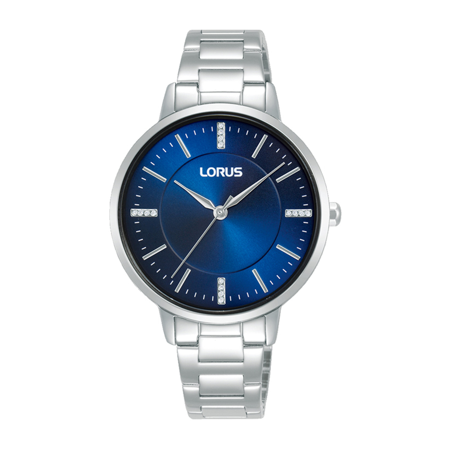 Womens watch LORUS made of silver stainless steel with blue dial and bracelet.