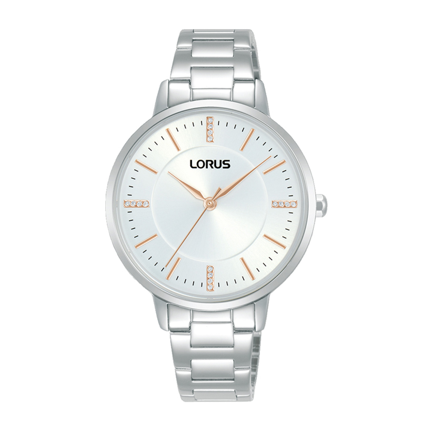 Γυναικείο ρολόι LORUS από ασημί ανοξείδωτο ατσάλι με λευκό καντράν και μπρασελέ.