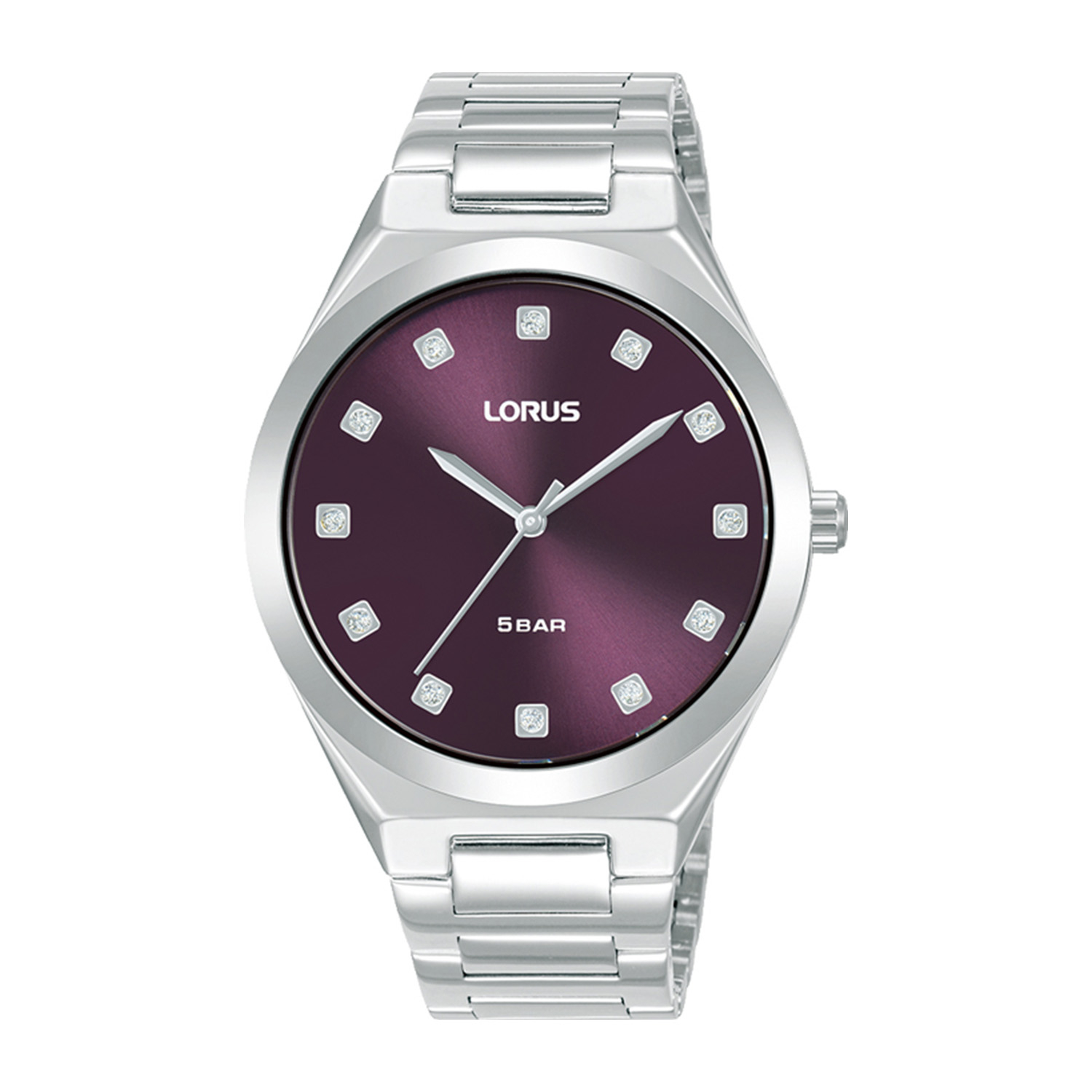 Womens watch LORUS made of silver stainless steel with purple dial and bracelet.
