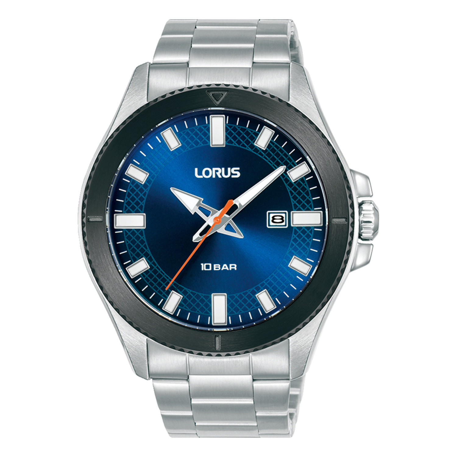 Ανδρικό ρολόι LORUS από ανοξείδωτο ατσάλι με μπλε καντράν και ασημί μπρασελέ.