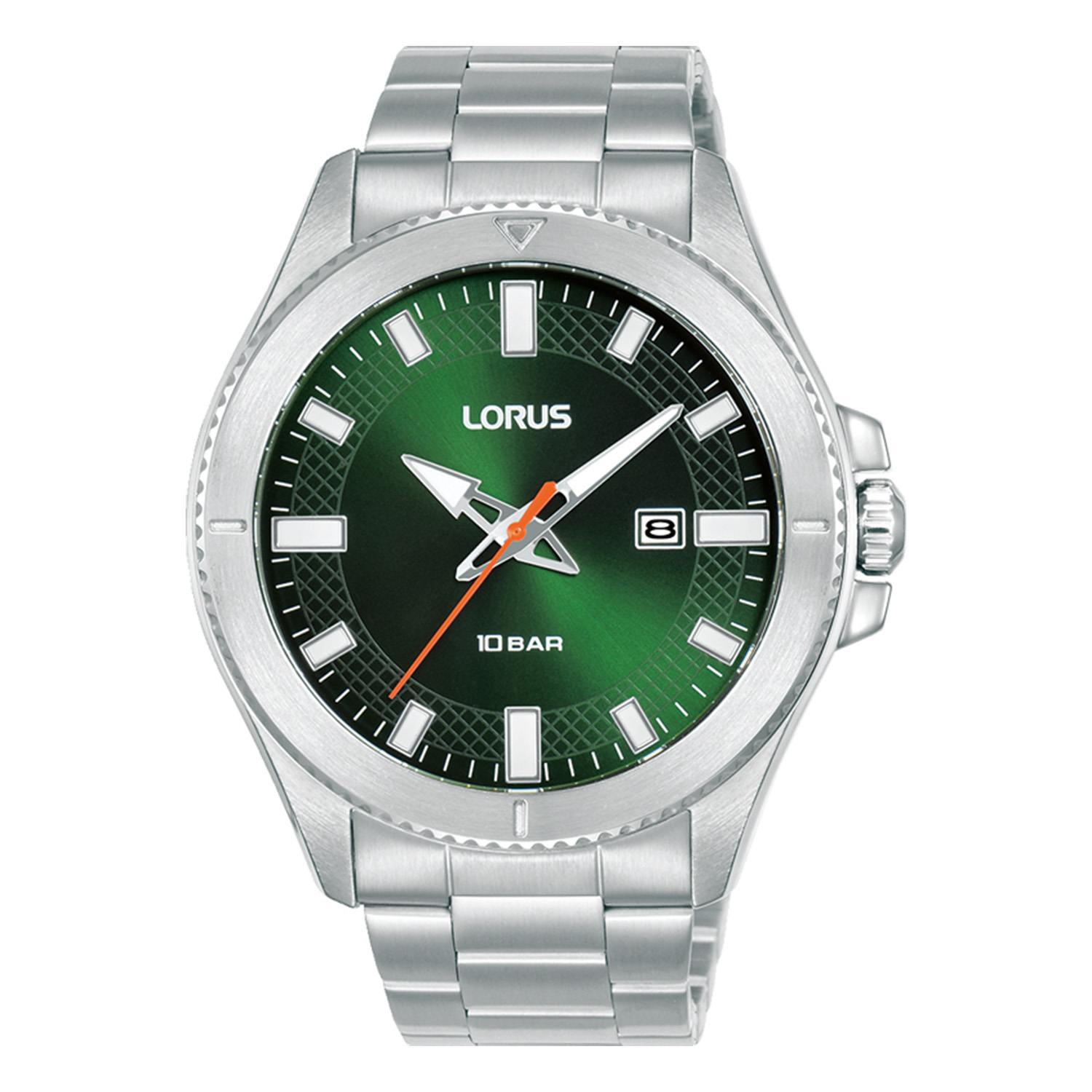 Ανδρικό ρολόι LORUS από ανοξείδωτο ατσάλι με πράσινο καντράν και ασημί μπρασελέ.