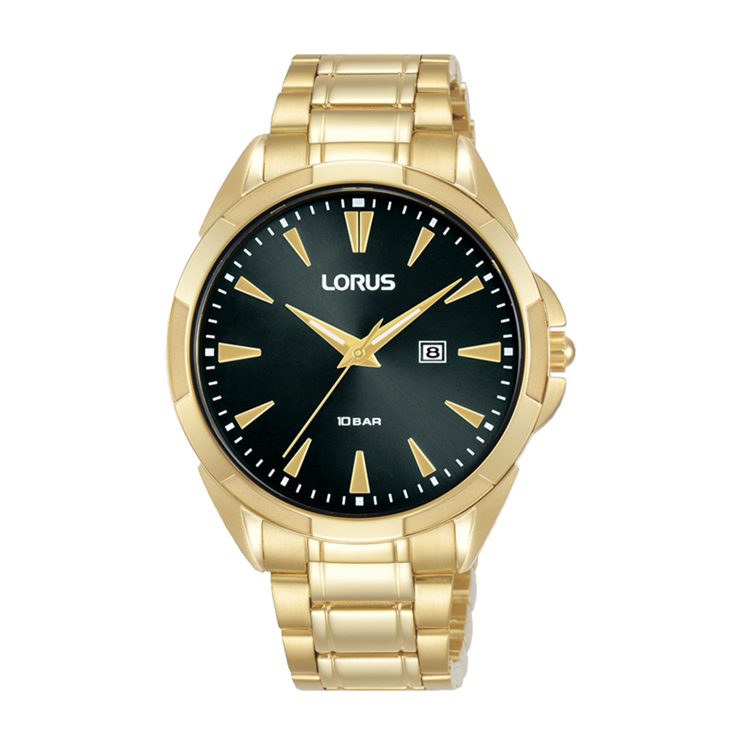 Womens watch LORUS made of gold stainless steel with black dial and bracelet.
