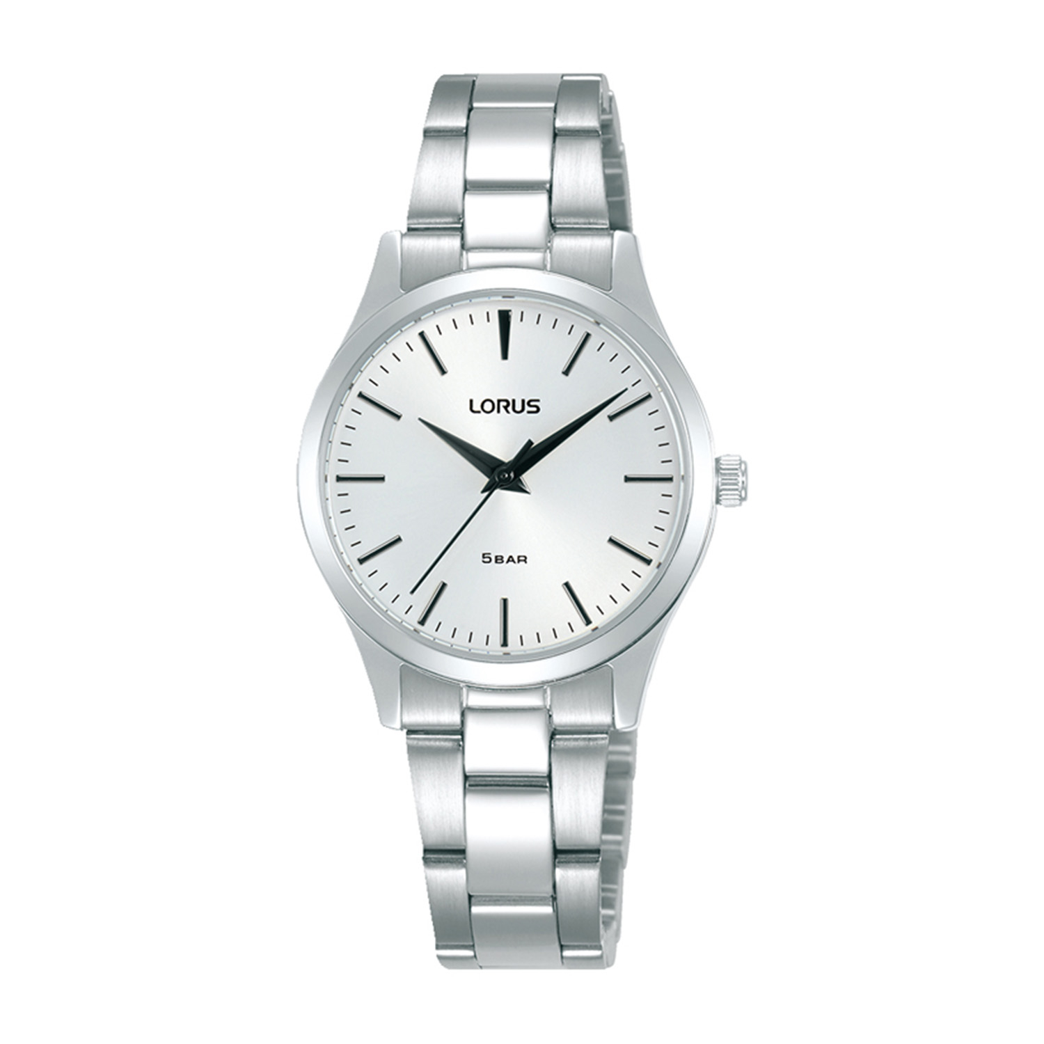 Womens watch LORUS made of silver stainless steel with white dial and bracelet.